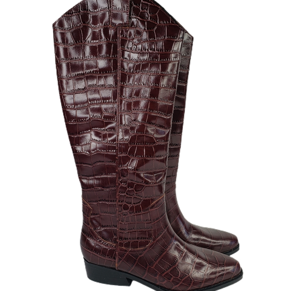 Mark Fisher Haze Brown Leather Croc Style Western Cowgirl Knee Hi Boots Sz 7.5M.